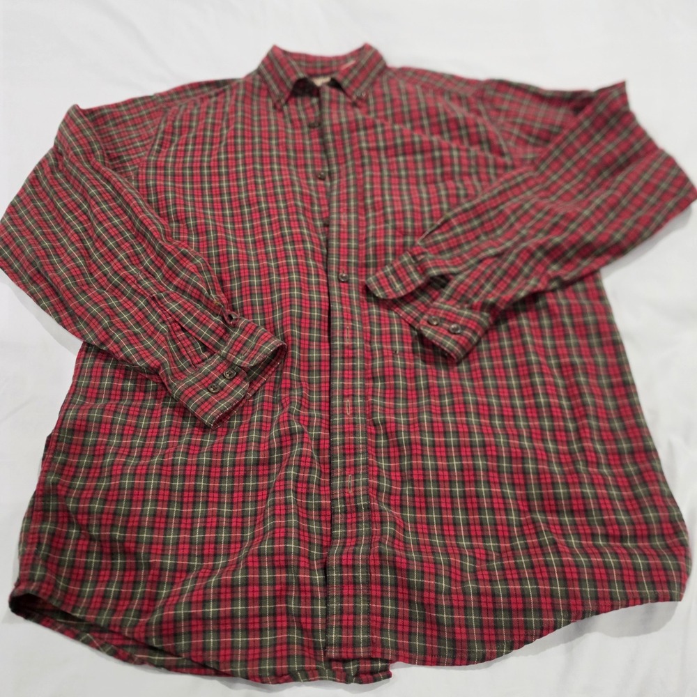 L.L. Bean Button Down Shirt Mens M Tall Red Green Plaid Excellent 0WT66 Cotton